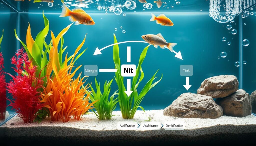 A detailed illustration of the nitrogen cycle, showcasing its key processes: nitrogen fixation, nitrification, assimilation, ammonification, and denitrification. In the foreground, vibrant aquatic plants symbolize nutrient absorption, while fish swim gracefully, representing a healthy tank ecosystem. The middle ground features arrows indicating the flow of nitrogen between elements, with small icons of bacteria involved in each process - rooted in a substrate below. The background includes a serene aquatic environment with bubbles and rocks, enhancing the mood of a balanced ecosystem. Use soft, natural lighting to highlight the colors of the plants and fish, captured from a low angle to emphasize depth. Focus on clarity and educational appeal, ensuring the image is visually engaging and informative without any text or annotations.