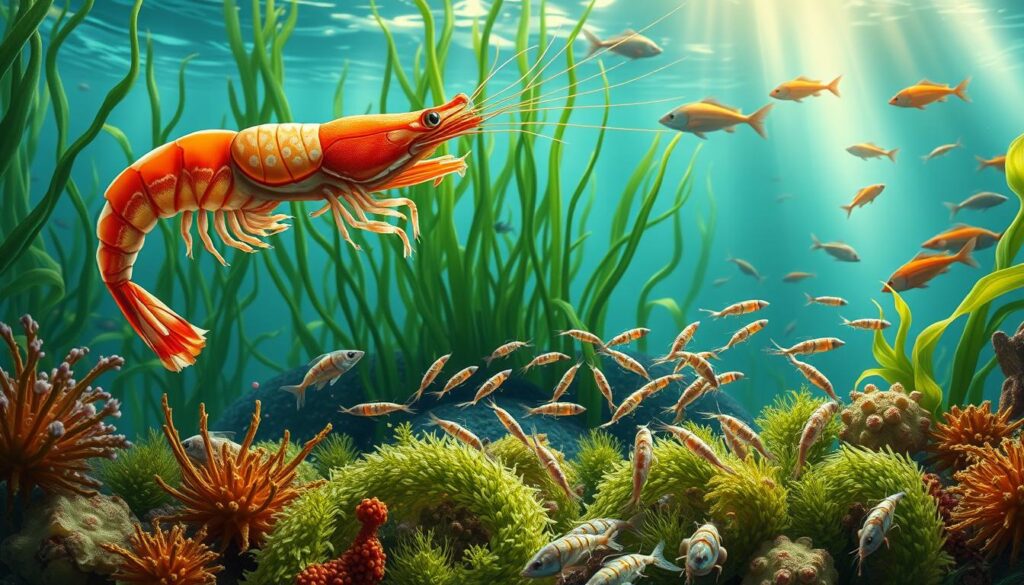 A detailed illustration of the shrimp breeding cycle, showcasing the reproductive stage of shrimp in a natural habitat. In the foreground, a vibrant female shrimp with visible eggs (berried) is prominently featured alongside a male shrimp in an intimate courtship display. In the middle ground, a collection of developing shrimp embryos are visible, scattered on aquatic vegetation, highlighting the transition to the larval stage. The background is a serene underwater scene with lush seaweed and various fish species swimming, creating an ecosystem atmosphere. Natural lighting filters through the water's surface, casting a soft, ethereal glow, and enhancing the colors of the shrimp and their environment. The composition captures the beauty and complexity of shrimp reproduction, evoking a sense of wonder and exploration in marine biology.