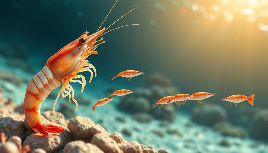 A detailed illustration of the shrimp life cycle, showcasing five distinct stages: from berried female shrimp with visible eggs to larval stages, then transitioning to juvenile shrimplets, and finally to adult shrimp. The foreground features a close-up view of the berried female shrimp, with vibrant eggs visible. In the middle ground, depict different larval stages swimming gracefully, while juvenile shrimp explore a coral reef environment. The background illustrates an underwater scene with soft, dappled lighting to emphasize the aquatic atmosphere. Use a slight depth of field to keep the focus on the shrimp while subtly blurring the background details. Aim for a serene and educational mood, highlighting the beauty and complexity of the shrimp life cycle.