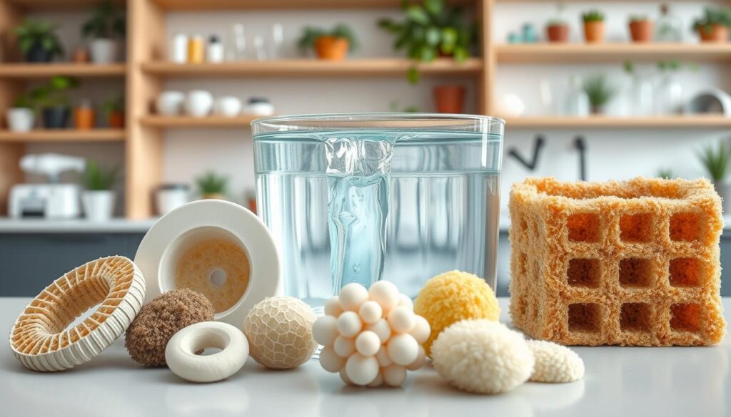 A detailed illustration showcasing various types of biological media for filtration systems, arranged thoughtfully for visual clarity. In the foreground, display several samples of bio-media: porous ceramic rings, bio-balls, and sponge filters, each exhibiting unique textures and colors. The middle ground features a transparent filtration chamber with flowing water, highlighting the effectiveness of these media types in action. The background consists of a softly blurred laboratory setting, with shelves containing scientific equipment and plants, creating a serene and professional atmosphere. Use natural lighting to enhance details and depth, shooting from a slight overhead angle for a comprehensive view. The mood is informative and engaging, inviting readers to explore the potential of each media type.