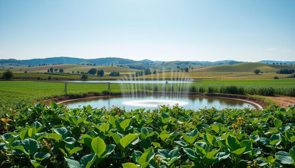 A detailed landscape depicting the concept of evaporation control in a serene, agricultural setting. In the foreground, a variety of lush plants and crops, visibly thriving, represent healthy water use. A modern irrigation system can be seen, showcasing precision technology managing water flow. In the middle ground, a calm pond reflects the sky, with subtle vapor trails rising from its surface, indicating evaporation. In the background, rolling hills under a bright, clear blue sky enhance the peace of the scene. Soft sunlight casts gentle shadows, creating a warm, inviting atmosphere. The image should have a wide-angle perspective, capturing both the intricacies of water management and the tranquility of nature, symbolizing balance and sustainability in water resources.
