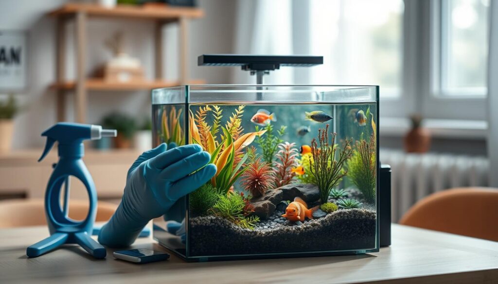 A detailed nano tank maintenance scene, showcasing a small aquarium on a light wooden table surrounded by cleaning tools. In the foreground, a pair of gloved hands carefully adjusting plants and decorations within the tank, ensuring meticulous care during the rescaping process. The middle features vibrant aquatic plants, colorful fish, and detailed substrate, reflecting a healthy aquatic environment. In the background, appropriate lighting enhances the colors, creating a serene atmosphere, with soft natural daylight filtering in through a nearby window. The focus is sharp on the tank, with a shallow depth of field blurring the less significant elements, emphasizing the importance of diligent maintenance. The overall mood is calm and focused, underscoring the significance of resetting the nano tank.