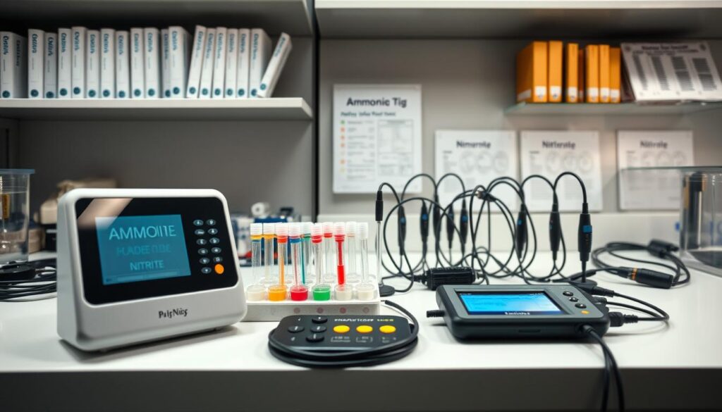 A detailed scene showcasing a variety of water quality monitoring devices displayed on a clean laboratory countertop. In the foreground, focus on a modern digital water tester, sleek and well-designed, with a clear LCD screen. Beside it, a few test kits with colorful vials and reagents, meticulously arranged. The middle layer captures multiple probes and sensors connected to a portable interface, highlighting their intricate design. In the background, shelves lined with scientific books and charts about ammonia, nitrite, and nitrate, creating an educational atmosphere. Soft, diffused lighting illuminates the workspace, emphasizing a sense of professionalism and clarity. The angle of the shot is slightly angled from above, providing a comprehensive view of the devices, fostering a mood of curiosity and learning in a water testing environment.