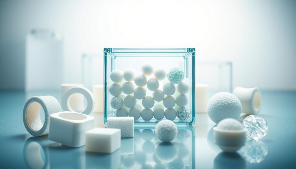A detailed scientific illustration showcasing various types of biological media used in small filter compartments. In the foreground, display examples like ceramic rings, foam cubes, and bio-balls, each labeled with clear textures and colors. The middle section should feature a transparent filter housing to visualize the arrangement of media, illuminated by soft, diffused lighting that highlights their shapes and textures. In the background, show subtle outlines of laboratory equipment and a gentle gradient to evoke a clean, professional lab atmosphere. Use a close-up angle to draw focus to the media types while maintaining a sterile and academic ambiance, ensuring a sense of clarity and understanding in the depiction.