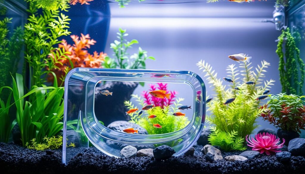 A dynamic scene showcasing a fish jumping deterrent device in a beautifully arranged aquarium. In the foreground, a sleek, modern deterrent structure made of clear acrylic, specifically designed to prevent fish from leaping out, with small, vibrant nano fish like neon tetras and guppies actively swimming. The middle ground features lush aquatic plants like Amazon swords and Anubias, creating a vibrant, natural habitat. The background consists of soft, diffused lighting filtering through the water, casting ethereal shadows. The camera angle is slightly elevated, providing a comprehensive view of the tank. The overall mood is serene and enchanting, highlighting both the beauty of the fish and the practicality of the deterrent device.