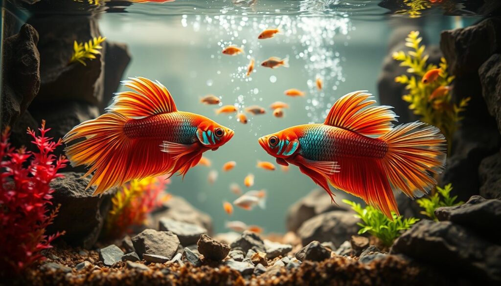 A dynamic underwater scene depicting aggressive fish behavior, showcasing two brightly colored Betta fish facing off in a compact nano aquarium. The foreground features the two fish with flared fins and an intense stance, surrounded by vibrant aquatic plants and rocky crevices that create a sense of territory. In the middle, a variety of smaller fish can be seen darting away, adding to the tension of the scene. The background is a soft focus with diffused light filtering through the water, creating a subtle ripple effect. The atmosphere is charged with a sense of conflict, illuminated by warm natural lighting that highlights the vivid colors of the fish. The image should be captured from a slightly low angle to emphasize the action and drama of the aquatic encounter.