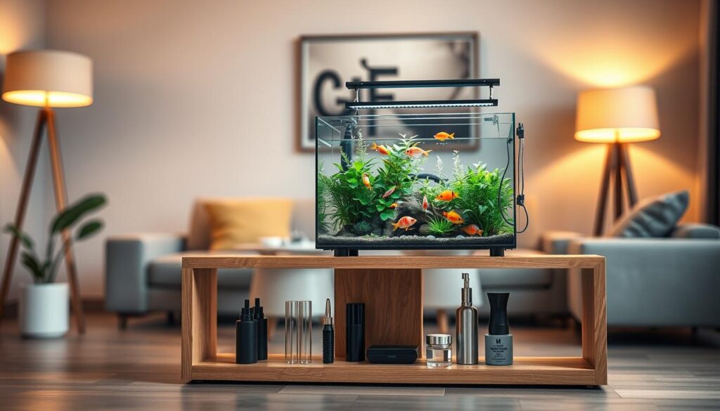 A modern nano tank stand, designed with sleek lines and a minimalist aesthetic, made from a combination of high-quality, sustainable materials like natural wood and tempered glass. In the foreground, the tank stand is shown holding a small, vibrant aquarium filled with colorful fish and lush aquatic plants. The middle ground features a well-organized space with tools and accessories for tank care, giving a sense of functionality. The background showcases a soft, blurred living room setting, with warm lighting emanating from stylish lamps, creating a cozy atmosphere. The image is captured with a slightly elevated camera angle to emphasize the tank and its stand, using soft focus to enhance the inviting and modern feel of the environment. The overall mood exudes elegance and sophistication, ideal for contemporary interiors.
