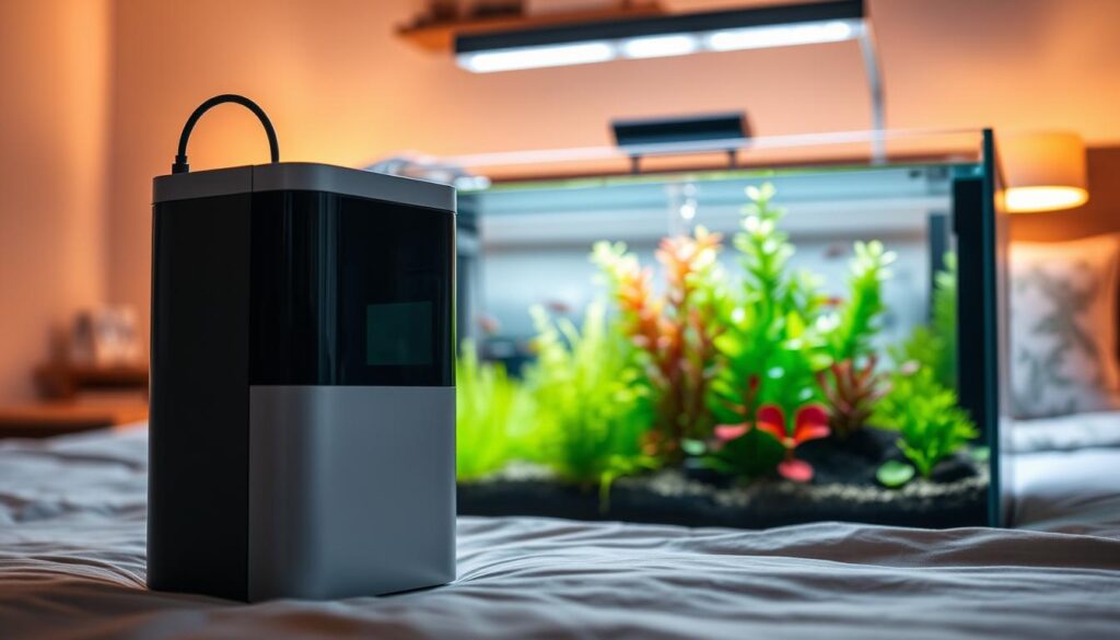A peaceful, modern nano tank filter designed for quiet operation, situated in a cozy bedroom aquarium setup. In the foreground, focus on the sleek design of the filter, showcasing its compact size and silent water circulation system. The middle of the image features a lush, well-maintained aquarium filled with vibrant aquatic plants and small fish gracefully swimming, reflecting a serene atmosphere. The background is a softly lit bedroom environment with warm, ambient lighting, enhancing the tranquility of the scene. Capture the image from a slightly elevated angle to emphasize the filter's design and functionality, creating a calming and inviting mood. Use soft shadows to convey a sense of relaxation and well-being, ensuring a harmonious and unobtrusive aesthetic.