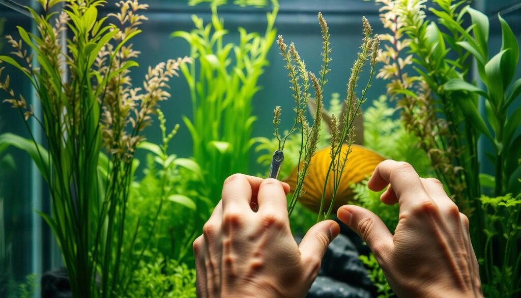 A serene aquarium scene featuring a variety of healthy aquatic plants with vibrant greens and subtle hues. In the foreground, focus on a skilled aquascaper gently pruning stem plants with specialized tools, showcasing the process of careful maintenance. The middle ground displays lush plants, some with elongated stems and others with bushy growth, indicating different growth stages. The background consists of soft, diffused lighting that highlights the water’s clarity, enhancing the overall tranquility of the setting. The composition should evoke a sense of calm and dedication to plant care, captured at a slight upward angle to emphasize the beauty of the aquarium. The atmosphere should feel nurturing and serene, ideal for demonstrating the art of pruning aquatic plants.