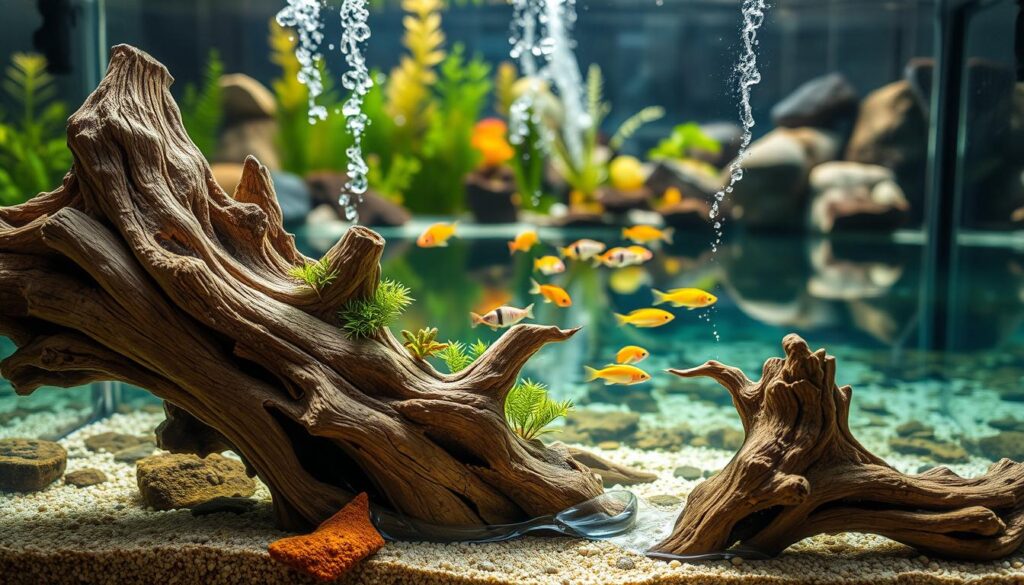 A serene aquarium scene featuring beautifully arranged driftwood as the central focus, showcasing various textures and shapes. In the foreground, large pieces of driftwood are submerged partially in crystal-clear water, revealing their intricate patterns and grain. Small aquatic plants, like Anubias and Java Fern, grow attached to the driftwood, enhancing the natural feel. In the middle ground, schools of colorful fish swim gracefully around the driftwood, while gentle bubbles rise to the surface, suggesting a lively ecosystem. The background includes soft, blurred aquatic plants and rocks, creating depth. The lighting is warm and inviting, with sunlight streaming in from an angle, casting gentle reflections and shadows in the water. The overall atmosphere is tranquil, emphasizing the beauty and benefits of incorporating driftwood into an aquarium habitat.