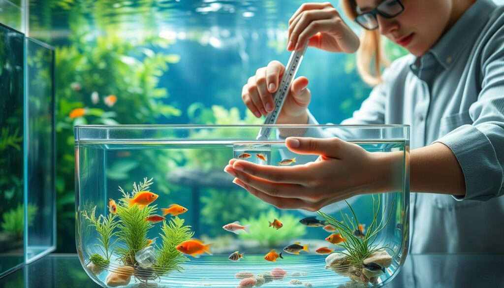 A serene aquarium scene illustrating environmental acclimation strategies. In the foreground, a clear water container filled with aquatic plants and small fish, featuring colorful species representing diverse environments. In the middle ground, a person in modest casual clothing meticulously adjusting water temperature and salinity levels, demonstrating the acclimation process with tools like a thermometer and hydrometer. The background features a lush underwater landscape with soft lighting streaming through the water, creating a calming atmosphere. An emphasis on gentle ripples enhances the sense of tranquility, while the composition highlights the delicate balance required for new life in a small water volume. Capture this scene with a soft focus lens to give it an inviting, educational feel.