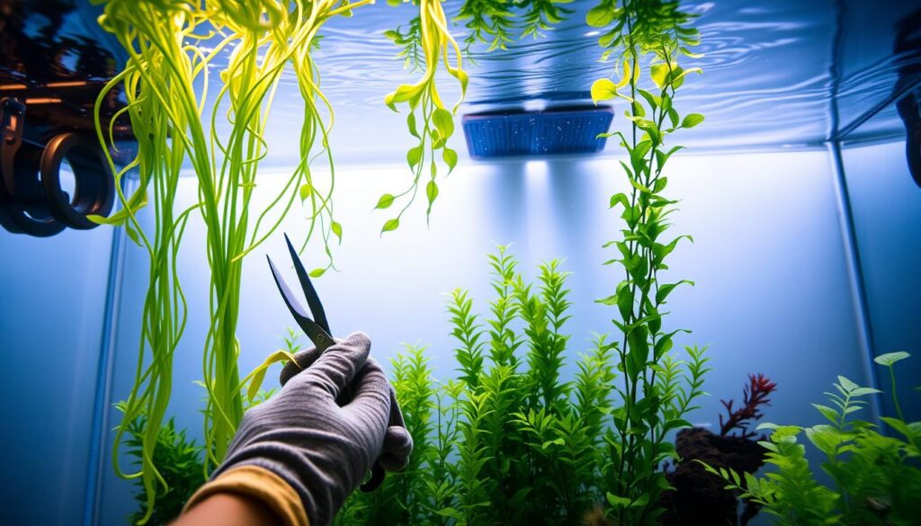 A serene aquarium scene showcasing the meticulous process of trimming aquatic plants. In the foreground, a pair of hands, wearing gardening gloves, gently holds a pair of scissors, delicately snipping vibrant green stem plants, which are cascading gracefully in an explicitly clear tank. The middle of the image features lush, healthy aquatic plants in various shades of green, showcasing their lush foliage and intricate textures. In the background, soft ambient light filters through the water, creating gentle ripples and casting calming shadows. The overall atmosphere is peaceful and focused, inviting viewers to appreciate the beauty and care involved in maintaining a natural aquatic habitat. The angle is slightly top-down, emphasizing the action of trimming while capturing the lively underwater ecosystem without any distractions or clutter.