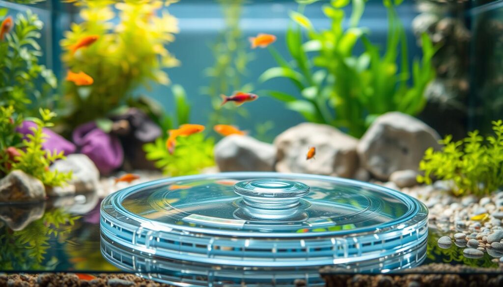 A serene aquarium setting illustrating various nano fish, such as neon tetras and guppies, exhibiting their lively behavior near the water surface. In the foreground, focus on a clear acrylic tank lid designed to prevent fish from jumping out, with intricate details and a slight reflection of the water. The middle ground features vibrant plants and soft rocks, creating a natural habitat, while the background shows gentle ripples and a soft, diffused sunlight filtering through. The lighting enhances the colors of the fish, making them pop against the lush greenery, while soft shadows add depth. The atmosphere is calm and tranquil, inviting viewers to appreciate the beauty of these small creatures and their environment.