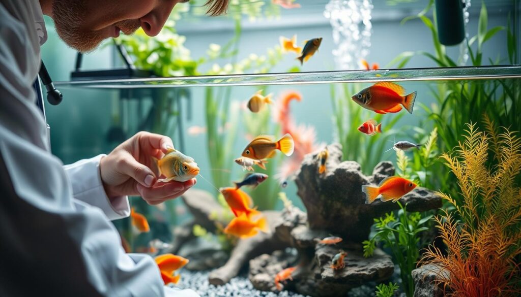 A serene aquarium setting showcasing various types of aquatic life acclimatizing to a small water volume. In the foreground, a close-up of a technician gently introducing a fish into the aquarium, wearing professional attire. The middle ground features a diverse range of aquatic species, including colorful freshwater fish, delicate shrimp, and vibrant aquatic plants. Soft, natural lighting illuminates the scene, creating a calming atmosphere with gentle shadows. The background reveals a clean, well-maintained aquarium filled with lush greenery, adding depth to the composition. The overall mood is one of care and attention to the delicate process of acclimatization, highlighting the importance of this phase for aquatic life.