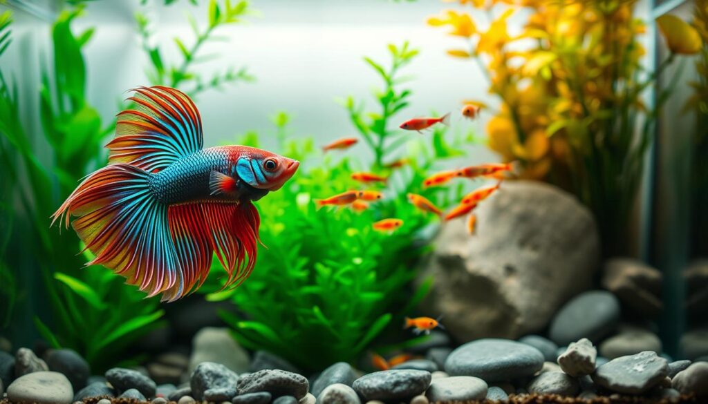 A serene aquascape featuring a vibrant male Betta fish, showcasing its flowing fins and vivid colors, swimming peacefully among carefully chosen tank mates such as a school of small neon tetras and a group of friendly cherry shrimp. The foreground focuses on the Betta's intricate details, while the middle ground displays the colorful tetras darting around the plants. In the background, lush aquatic plants and smooth pebbles create a natural environment. Soft, filtered lighting enhances the colors and textures in the tank, casting gentle reflections on the water’s surface. The atmosphere is calm and harmonious, emphasizing the peaceful cohabitation of these species in a cozy nano tank setting. The camera angle is slightly elevated, providing a clear view of the tank's inhabitants and their interactions. A serene aquascape featuring a vibrant male Betta fish, showcasing its flowing fins and vivid colors, swimming peacefully among carefully chosen tank mates such as a school of small neon tetras and a group of friendly cherry shrimp. The foreground focuses on the Betta's intricate details, while the middle ground displays the colorful tetras darting around the plants. In the background, lush aquatic plants and smooth pebbles create a natural environment. Soft, filtered lighting enhances the colors and textures in the tank, casting gentle reflections on the water’s surface. The atmosphere is calm and harmonious, emphasizing the peaceful cohabitation of these species in a cozy nano tank setting. The camera angle is slightly elevated, providing a clear view of the tank's inhabitants and their interactions.