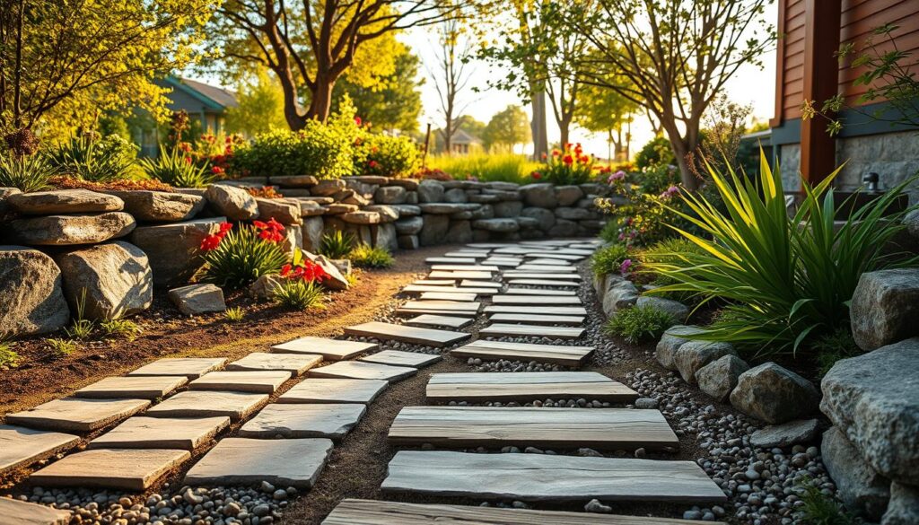 A serene garden hardscape scene featuring a variety of natural elements. In the foreground, intricately arranged flat stones and rustic wooden planks create a pathway, complemented by a scattering of small pebbles. The middle ground showcases a gently curved stone wall, intertwined with lush greenery and ornamental plants, highlighting organic textures. The background consists of a soft-focus view of a vibrant garden filled with seasonal flowers and trees, casting delicate shadows. Capture this scene during the golden hour for warm, natural lighting that enhances the earthy colors and textures. The atmosphere is tranquil and inviting, encouraging a connection with nature and showcasing the art of hardscaping with rocks and wood. No text or watermarks present.