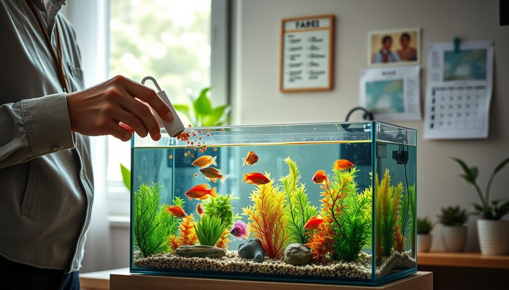 A serene, indoor scene showcasing a well-maintained nano aquarium as the focal point. In the foreground, a professional individual in modest casual clothing is gently dispensing food into the tank using a precise feeder tool. The middle layer captures the vibrant, colorful fish swimming eagerly towards the food, showcasing a variety of tropical species, including neon tetras and guppies. The background features a neatly organized setup with plants, aquarium decorations, and a care schedule pinned nearby. Soft, natural lighting filters through a window, creating a warm atmosphere, while a shallow depth of field focuses on the feeding process, lending an intimate feel to the image. The overall mood is calm and engaging, perfect for illustrating fish care during vacation planning.