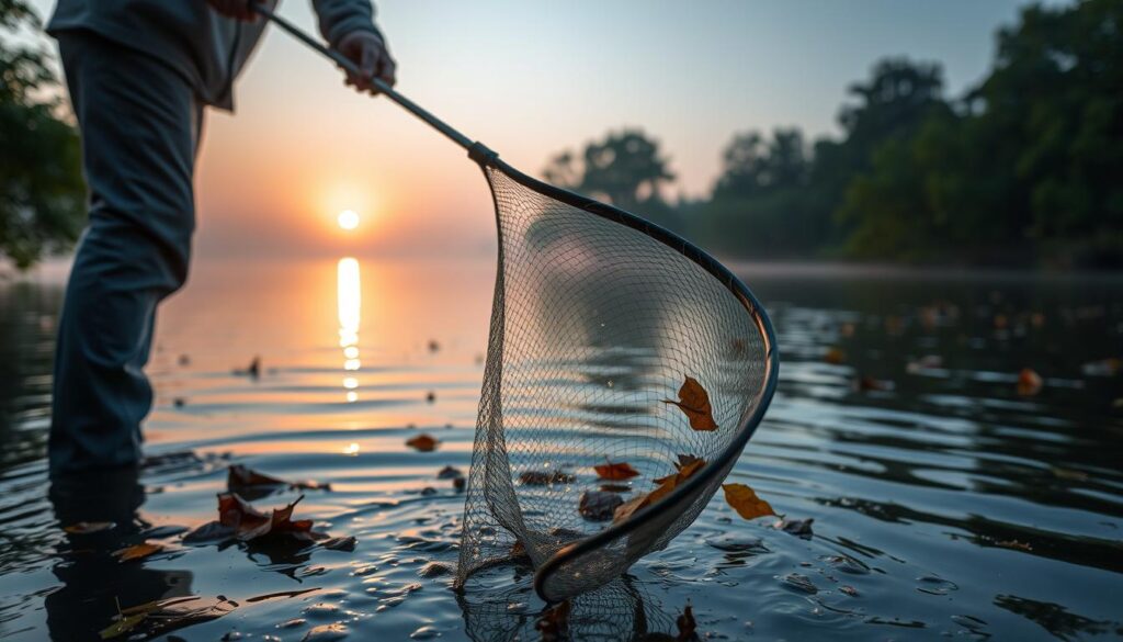 A serene lake environment at dawn, showcasing a person in a modest casual outfit carefully using a fine net to remove organic waste like floating debris and dead leaves from the water's surface. In the foreground, the fine net is intricately detailed with droplets of water glistening in the soft morning light. The middle ground features the tranquil lake, reflecting the vibrant hues of the sunrise, while surrounding trees are lush and green, adding depth to the scene. The background includes a misty horizon where the sun rises, creating a peaceful and proactive atmosphere. The focus should be on the action of waste removal, highlighting the importance of environmental care. Soft natural lighting enhances the mood, creating a sense of calm and responsibility toward nature.