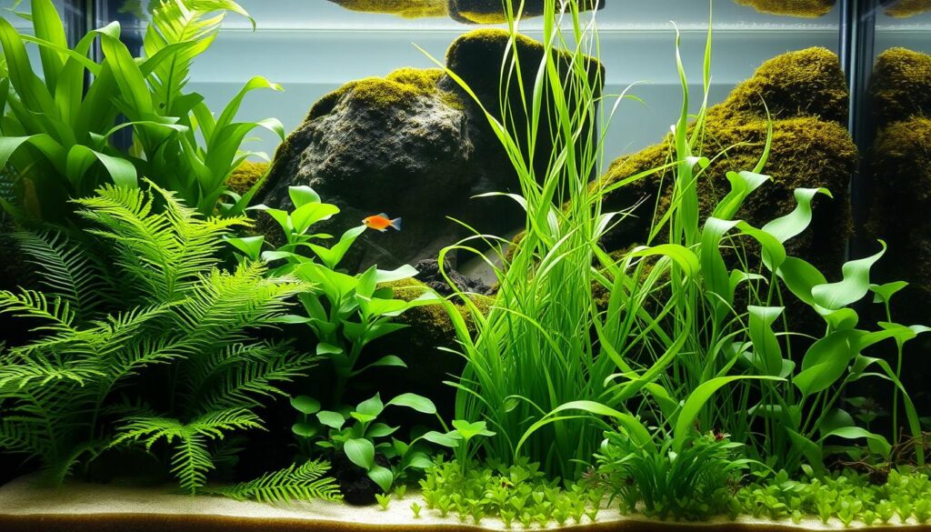 A serene low-tech planted aquarium, showcasing lush greenery and various aquatic plants thriving without CO2 injection. In the foreground, vibrant green plants like Java ferns and Anubias emerge from a soft substrate. The middle layer features tall, flowing Valisneria swaying gently in the water, while a few small, colorful fish swim gracefully between the foliage. The background includes a subtle, natural rock formation covered in moss, providing a sense of depth. Soft, diffused lighting filters through the tank, creating gentle reflections and a peaceful atmosphere. Shoot from a slightly elevated angle, using a macro lens to capture the intricate details of the plants and the lively fish, evoking a calm and organic ambiance.