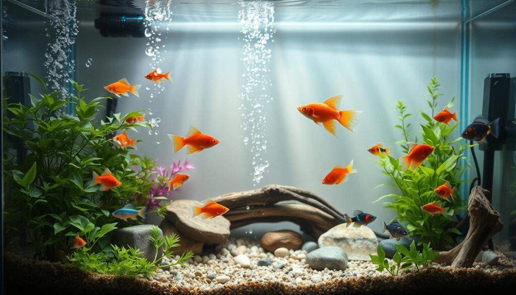 A serene nano aquarium scene depicting a variety of small fish species swimming peacefully together, illustrating compatibility. In the foreground, colorful micro fish like neon tetras and guppies swim among lush aquatic plants. The middle ground includes a gentle flow of bubbles rising from a small air stone, with a variety of shifting stones and driftwood providing shelter. The background features soft, diffused lighting creating a tranquil ambiance, with shadows dancing gently on the glass. A wide-angle view captures the depth of the aquarium, emphasizing harmony among the fish. The overall mood is calm and inviting, showcasing the beauty of a balanced nano community. A serene nano aquarium scene depicting a variety of small fish species swimming peacefully together, illustrating compatibility. In the foreground, colorful micro fish like neon tetras and guppies swim among lush aquatic plants. The middle ground includes a gentle flow of bubbles rising from a small air stone, with a variety of shifting stones and driftwood providing shelter. The background features soft, diffused lighting creating a tranquil ambiance, with shadows dancing gently on the glass. A wide-angle view captures the depth of the aquarium, emphasizing harmony among the fish. The overall mood is calm and inviting, showcasing the beauty of a balanced nano community.