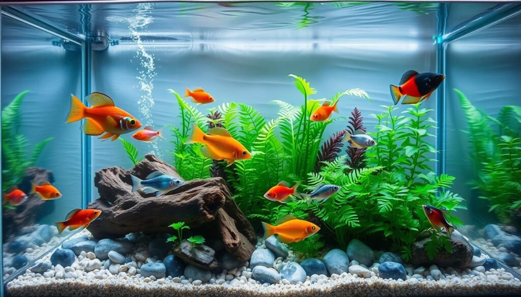 A serene nano aquarium showcasing peaceful cohabitation between various species of freshwater fish, like neon tetras and guppies, swimming harmoniously amidst lush aquatic plants likeJava ferns and Anubias. In the foreground, vibrant fish gracefully maneuver around decorative elements such as driftwood and pebbles, with soft lighting creating a tranquil ambiance. The middle ground features a variety of aquatic plants teeming with life, while the background reveals natural textures of the walls mimicking a calm aquatic environment. Use a wide-angle lens to capture the entire scene and create an immersive feel. The overall mood is serene and harmonious, emphasizing the importance of ample space for reducing territorial disputes among fish in their compact habitat.