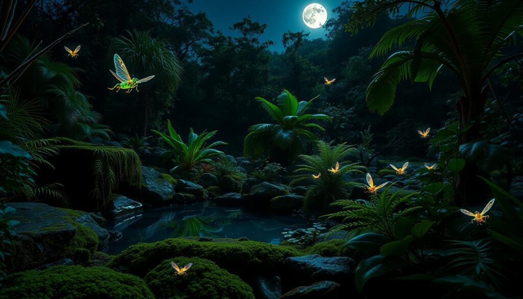 A serene nocturnal ecosystem, showcasing a vibrant, lush habitat teeming with night-active nano species. In the foreground, bioluminescent insects gracefully flit through the air, their luminous bodies glowing softly under the moonlight. A small pool reflects the silvery light of the full moon, surrounded by moss-covered rocks and delicate ferns. The middle ground is filled with tiny creatures like geckos and nocturnal pollinators interacting harmoniously with flowering plants, emphasizing their role in the ecosystem. In the background, dense trees are partially illuminated, their leaves shimmering as they rustle gently in a night breeze. The atmosphere is tranquil yet lively, conveying the importance and benefits of biodiversity. Use a soft focus lens effect to create a dreamlike quality, highlighting the ethereal beauty of the night.