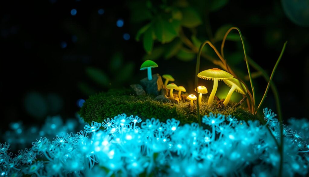 A serene nocturnal scene showcasing luminous nano species in a small, vibrant ecosystem. In the foreground, a delicate arrangement of bioluminescent microorganisms emits a soft glow, revealing intricate, fractal-like patterns. The middle layer features a miniature landscape with mossy stones and tiny, glowing fungi, all bathed in ethereal blue and green light. In the background, hints of a dark, starry sky peek through translucent foliage, casting gentle shadows and creating a mystical ambiance. The entire composition is rendered with a soft focus lens, emphasizing the details of the nano species while maintaining a dreamlike quality. The mood is tranquil and enchanting, inviting viewers to explore the hidden wonders of the night.