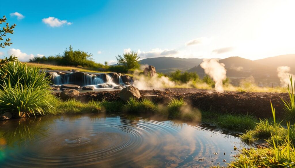 A serene outdoor scene depicting common sources of water evaporation. In the foreground, a small pond with gentle ripples reflecting sunlight, surrounded by lush greenery and mist rising from the surface. In the middle, a variety of natural evaporation sources, such as a gentle waterfall cascading over rocks and sun-drenched soil in a garden, with steam visible as water evaporates. The background features a clear blue sky with soft, fluffy clouds, and distant hills bathed in warm afternoon light. The atmosphere should convey tranquility and natural beauty, emphasizing the dynamic process of water evaporation in a vibrant ecosystem. The image should have a bright and inviting mood, captured from a slightly elevated angle to provide depth and perspective.