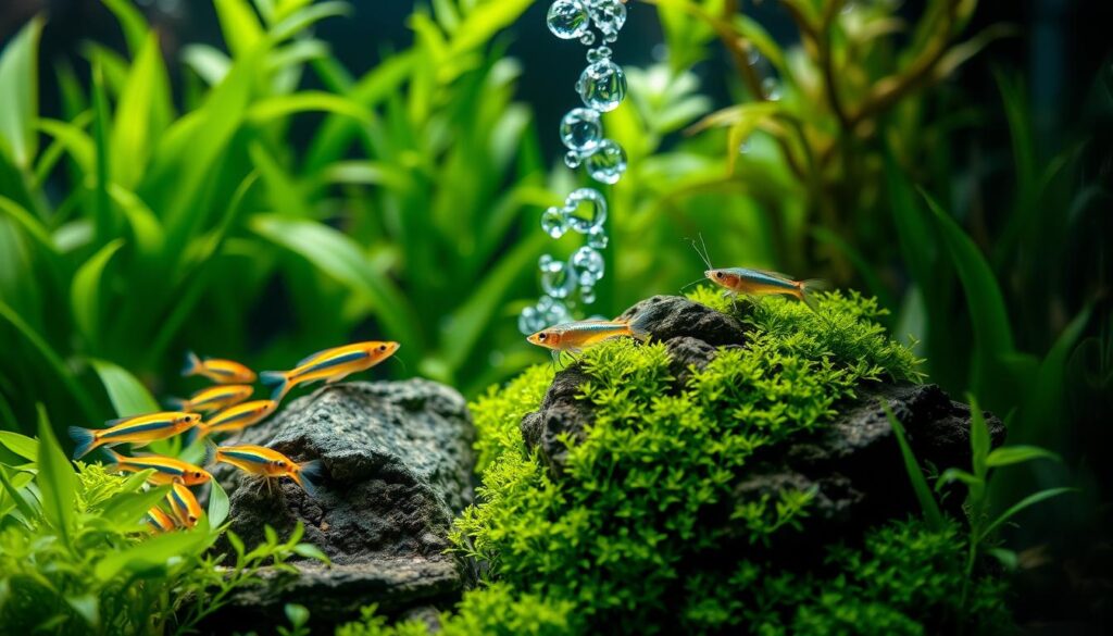 A serene planted aquarium scene showcasing popular nano-sized algae eaters. In the foreground, a group of vibrant neon tetra fish foraging among lush green aquatic plants, their iridescent colors reflecting the light. A small but lively amano shrimp is elegantly perched on a rock covered with soft green algae, highlighting its translucent body. In the middle, a gentle ripple of water flows, with visible bubbles rising to the surface, creating a feeling of calmness. The background features a subtle blur of submerged plants, adding depth and richness to the environment. Soft, natural lighting illuminates the entire scene, casting gentle reflections across the tank, evoking an atmosphere of tranquility and nature's harmony.