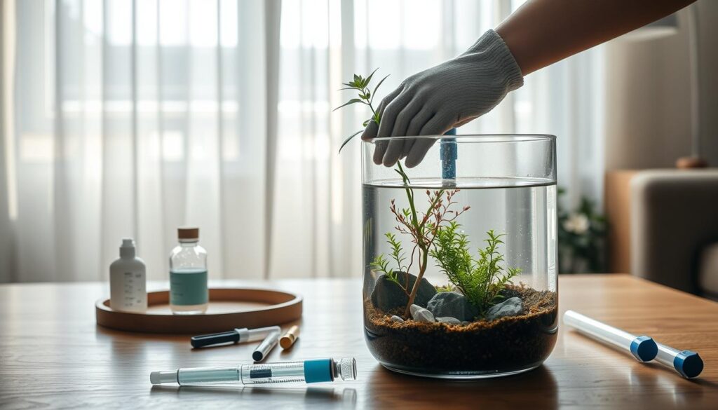 A serene room setting showcasing the process of preparing a nano tank for cycling. In the foreground, a clear glass nano aquarium, elegantly filled with substrate, aquatic plants, and small rocks is being arranged. A pair of hands in modest casual gloves gently positions a delicate plant. In the middle ground, tools like a small water conditioner bottle, a thermometer, and a syringe for water testing are neatly organized on a wooden table. In the background, soft, natural light filters through a window adorned with sheer curtains, illuminating the scene and creating a calming atmosphere. The overall mood is peaceful and focused, emphasizing the careful preparation of the nano tank. The angle is slightly overhead, providing a clear view of the tank's intricacies while capturing the essence of the setup.