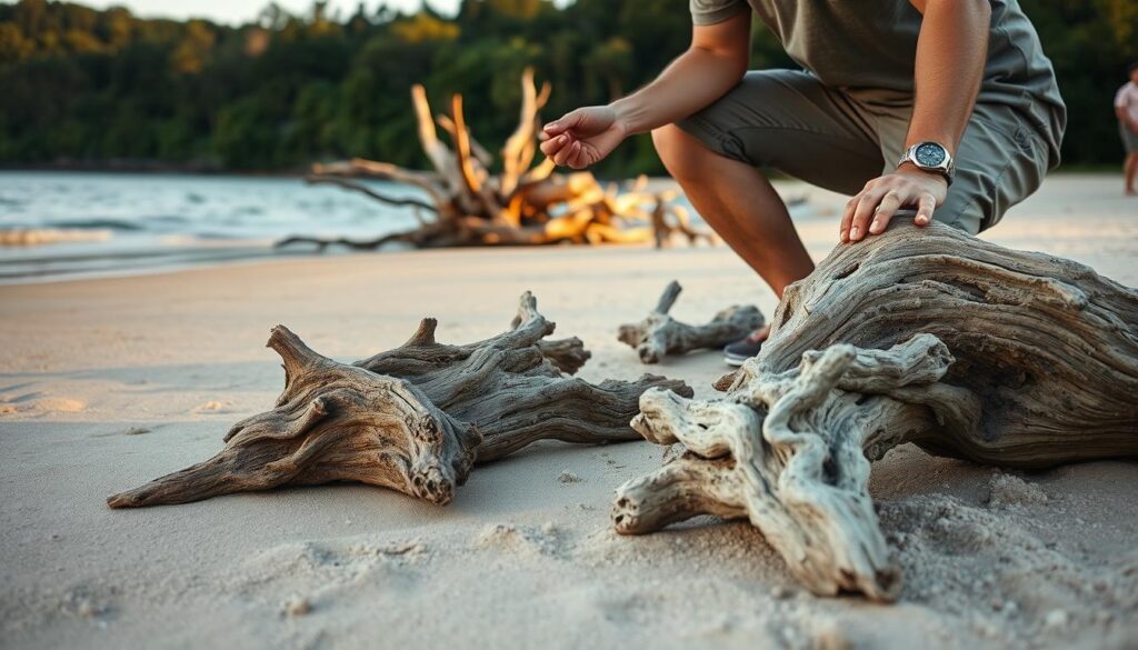 A serene scene depicting the process of selecting driftwood for an aquarium setup. In the foreground, a person wearing modest casual clothing kneels down, examining a piece of polished driftwood with intricate textures and earthy tones, such as browns and grays. In the middle, various pieces of driftwood are displayed on a sandy beach, some partially submerged in water, reflecting the sky. The background features a tranquil shoreline with gentle waves lapping at the sand and lush greenery, hinting at a forested area nearby. The scene is illuminated by soft natural lighting during golden hour, creating a warm and inviting atmosphere. The angle captures the person's thoughtful engagement with nature, emphasizing the care taken in selecting the right driftwood.