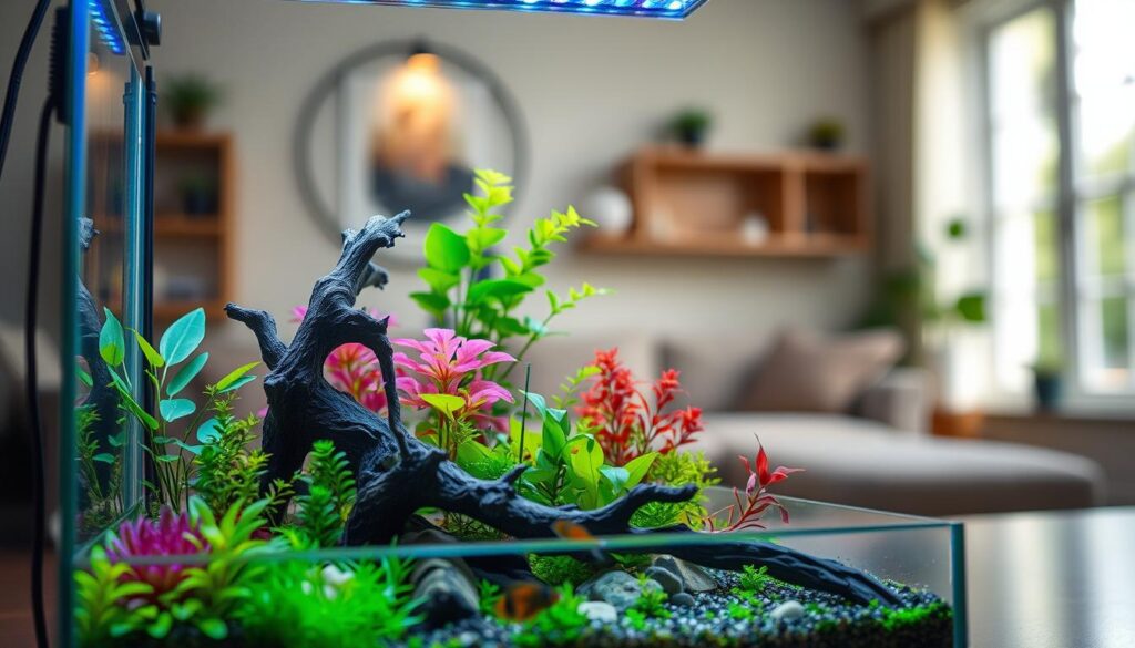 A serene scene of a beautifully aquascaped nano tank illuminated by ambient LED lights. In the foreground, the nano tank showcases vibrant aquatic plants, intricate driftwood, and a few small fish gracefully swimming among them. The middle section features soft, colorful lighting emanating from above, creating a calming glow that highlights the textures of the plants and substrate. In the background, a blurred out room setting with natural light filtering through a window, suggesting an inviting home environment. Capture the image using a shallow depth of field, focusing on the nano tank while softly blurring the background. The overall mood should evoke tranquility and fascination with aquatic life, emphasizing the importance of proper lighting for nano tanks.