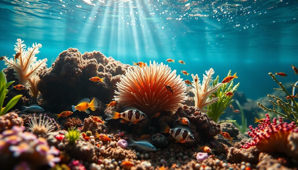 A serene underwater scene depicting nano species cohabitation in a vibrant, thriving aquatic ecosystem. In the foreground, a variety of nano fish, showcasing unique colors and patterns, are playfully interacting amongst coral reefs and aquatic plants. The middle ground features a gently swaying anemone, providing shelter for smaller fish, while various shrimp and tiny aquatic invertebrates scuttle among the substrate. In the background, rays of sunlight filter through the water's surface, creating a warm, inviting atmosphere with soft, dappled light illuminating the scene. The composition captures a sense of harmony and community among the nano species, inviting viewers to explore the delicate balance of this miniature aquatic world. The mood is peaceful and optimistic, emphasizing coexistence in a detailed and colorful underwater habitat. A serene underwater scene depicting nano species cohabitation in a vibrant, thriving aquatic ecosystem. In the foreground, a variety of nano fish, showcasing unique colors and patterns, are playfully interacting amongst coral reefs and aquatic plants. The middle ground features a gently swaying anemone, providing shelter for smaller fish, while various shrimp and tiny aquatic invertebrates scuttle among the substrate. In the background, rays of sunlight filter through the water's surface, creating a warm, inviting atmosphere with soft, dappled light illuminating the scene. The composition captures a sense of harmony and community among the nano species, inviting viewers to explore the delicate balance of this miniature aquatic world. The mood is peaceful and optimistic, emphasizing coexistence in a detailed and colorful underwater habitat.