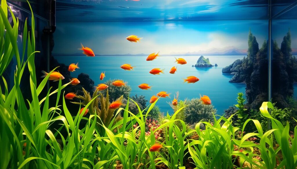 A serene underwater scene featuring a beautifully painted aquarium background. In the foreground, vibrant aquatic plants in varying shades of green sway gently, creating a lush environment. The middle layer showcases an array of colorful fish swimming gracefully among the plants, their scales shimmering under the soft, diffused lighting. In the background, a softly painted mural depicts a tranquil underwater landscape with coral reefs and distant underwater rock formations, enhancing the illusion of depth and making the small tank appear larger. The lighting is warm and inviting, casting gentle reflections on the tank's surface. The overall mood is peaceful and serene, evoking a sense of calm and beauty in an aquatic setting.