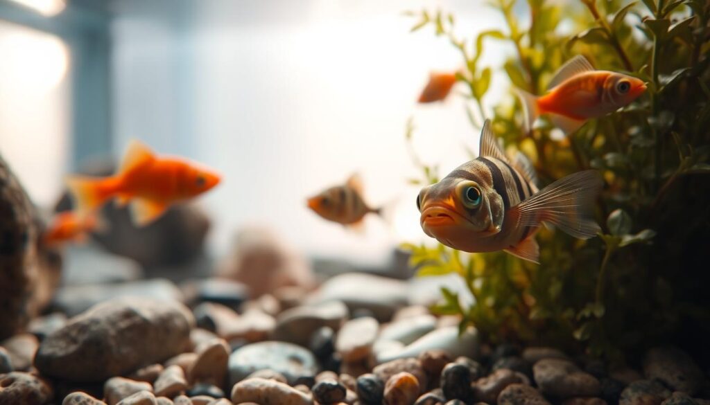 A serene underwater scene featuring several nano fish exhibiting signs of stress, such as hiding among rocks and plants, displaying erratic swimming patterns, and showing darker colors. In the foreground, a close-up of a small fish with wide eyes and tightly clamped fins, showcasing its anxiety. The middle ground includes pebbles and lush aquatic plants, providing a natural habitat that emphasizes the fish's environment. The background is softly blurred to highlight the fish while depicting light filtering through the water, creating an ethereal glow. Warm, soothing colors dominate, evoking a sense of urgency in recognizing stress without creating alarm. Aim for a realistic and educational representation of fish behavior in their habitat.