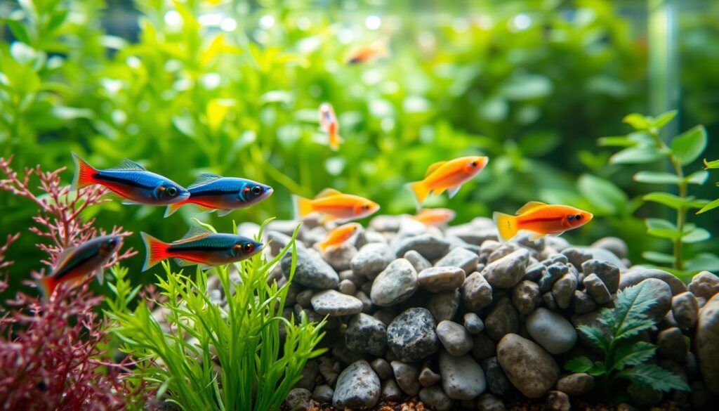 A serene underwater scene showcasing a variety of small fish species ideal for ultra-compact nano aquariums. In the foreground, vibrant neon tetras with their shimmering blue and red colors swim gracefully among delicate aquatic plants. The middle ground features playful guppies displaying a mix of orange and yellow hues, while a couple of small shrimp scuttle amongst pebbles, adding dynamic interest. The background is filled with lush green foliage, creating a natural and inviting atmosphere. Soft, dappled lighting filters through the water, casting gentle reflections and enhancing the colors of the fish. The angle captures the scene from slightly above, providing a comprehensive view, all while maintaining a peaceful and soothing mood, perfect for highlighting key considerations in fish selection for small tanks.