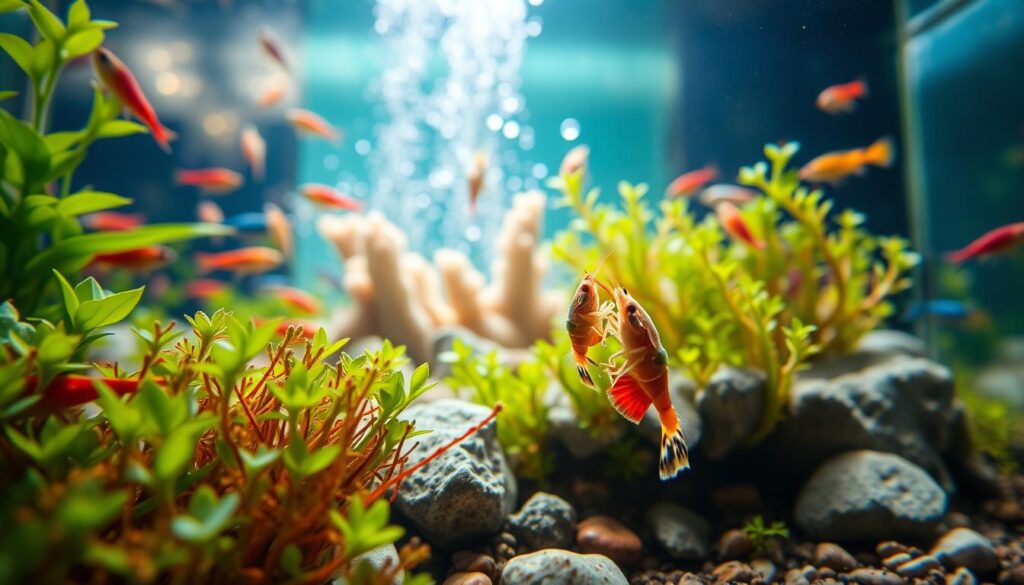 A serene underwater scene showcasing a vibrant aquarium filled with ornamental shrimp in various colors, such as vivid reds, blues, and yellows. In the foreground, a pair of mating shrimp entangled in a delicate dance amidst lush green aquatic plants, capturing their intricate details and textures. In the middle ground, soft coral formations and pebbles create a natural breeding ground atmosphere. The background features gentle bubbles rising towards the water's surface, enhancing the tranquil mood. The lighting is soft and diffused, replicating the gentle warmth of natural sunlight filtering through the water, creating a peaceful ambiance. The camera angle is slightly above water level, offering a captivating view into the underwater world, inviting viewers into the art and beauty of shrimp breeding. A serene underwater scene showcasing a vibrant aquarium filled with ornamental shrimp in various colors, such as vivid reds, blues, and yellows. In the foreground, a pair of mating shrimp entangled in a delicate dance amidst lush green aquatic plants, capturing their intricate details and textures. In the middle ground, soft coral formations and pebbles create a natural breeding ground atmosphere. The background features gentle bubbles rising towards the water's surface, enhancing the tranquil mood. The lighting is soft and diffused, replicating the gentle warmth of natural sunlight filtering through the water, creating a peaceful ambiance. The camera angle is slightly above water level, offering a captivating view into the underwater world, inviting viewers into the art and beauty of shrimp breeding.
