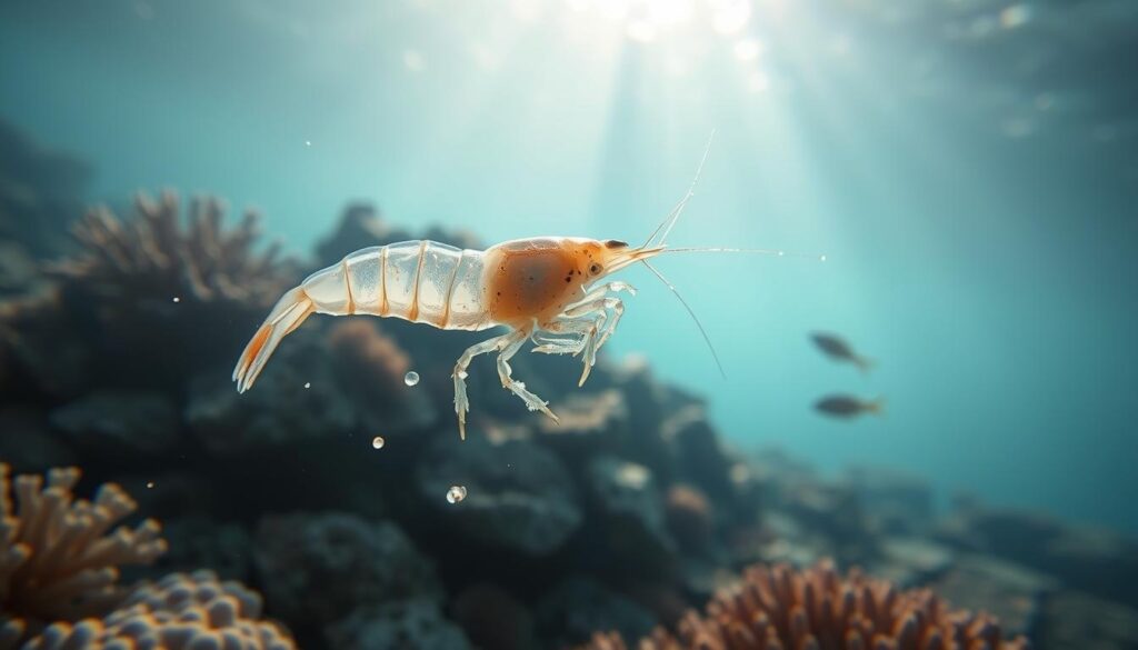 A serene underwater scene showcasing the shrimp molting process, highlighting a translucent shrimp shedding its exoskeleton. In the foreground, capture the shrimp mid-molt, with its delicate newly-formed carapace glistening. The shrimp should be surrounded by tiny particles of the shed exoskeleton, emphasizing the transformation. In the middle ground, depict an array of corals and rocks, providing a natural habitat, with small fish curiously observing. In the background, soft light filters through the water, casting ethereal rays that create a calming atmosphere. The color palette should consist of soft blues and greens, enhancing the tranquil underwater environment. Aim for a high-resolution, close-up angle to focus on intricate details of the shrimp and its shedding process, conveying a mood of wonder and fascination.