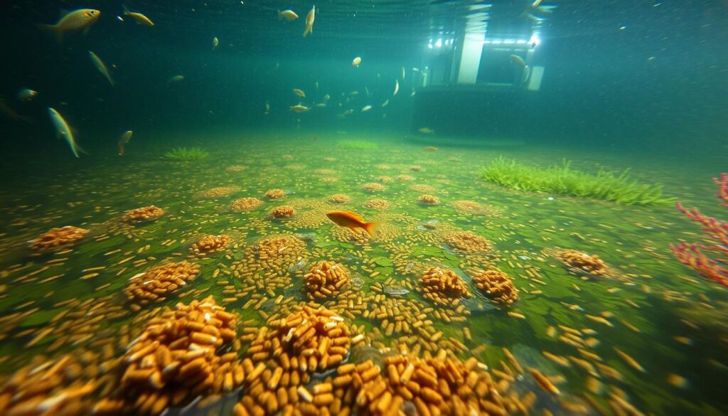 A serene water body, slightly murky with floating debris, vividly illustrating the consequences of overfeeding. In the foreground, clusters of uneaten fish food sink amidst vibrant underwater plants, while a few small fish swim cautiously, revealing the impact on aquatic life. Midway, a school of fish appears disoriented, surrounded by excess nutrients leading to algae blooms. In the background, hints of an aquarium filter struggle to keep the water clear, shrouded in diffuse, natural lighting that creates a soft, somber atmosphere. The overall image should evoke a sense of concern about water quality degradation, reflecting the delicate balance of aquatic ecosystems. Use a wide-angle lens to capture depth and detail, highlighting both the foreground struggles and the broader implications of overfeeding.