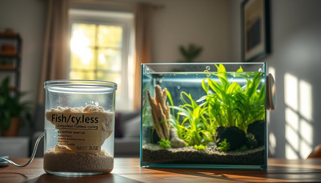 A serene, well-lit home environment showcasing a vibrant nano tank filled with aquatic plants and natural decorations, depicting the concept of fishless cycling. In the foreground, a clear glass container of biofilter media and ammonia source is placed next to the tank, symbolizing the cycling process. The middle ground features the nano tank with healthy green plants and light bubbles indicating beneficial bacteria growth. In the background, sunlight filters through a nearby window, creating a warm, inviting atmosphere. Soft shadows enhance the details of the tank and its surroundings. Capture the mood of tranquility and careful nurturing, emphasizing the importance of patience and preparation in establishing a healthy aquatic ecosystem without fish.