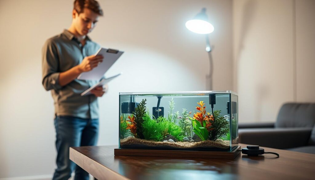 A serene, well-maintained nano tank sits on a wooden table in a softly lit room, reflecting a tranquil atmosphere. In the foreground, lush aquatic plants and colorful small fish are visible inside the tank, showcasing vibrant colors and intricate details. The middle ground features a person in modest casual clothing, thoughtfully examining the tank with a clipboard and pen, illustrating diligence in assessing the tank’s needs. In the background, a light source subtly illuminates the room, casting gentle shadows and enhancing the tank's features, creating a calm and focused mood. This scene embodies the importance of preparation and care for a nano tank while on vacation, emphasizing attention to detail and the harmony of aquatic life.