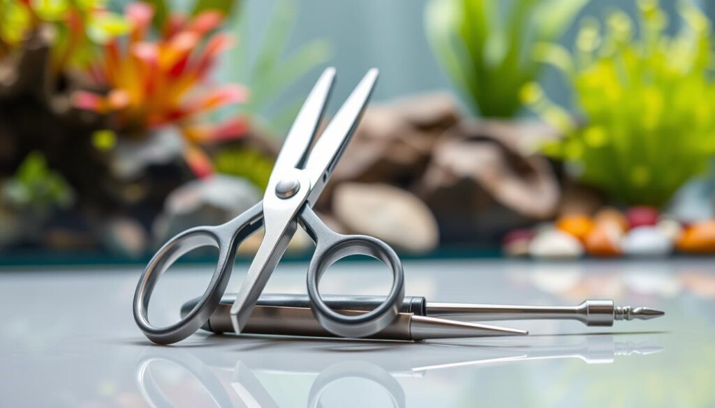 A set of precise nano tank cleaning tools, including a pair of finely crafted aquascaping scissors and tweezers, displayed prominently on a clean, reflective surface. The scissors should feature stainless steel blades with ergonomic handles, while the tweezers present a delicate yet sturdy design, both highlighting intricate details. In the background, softly blurred aquascaping elements like lush aquatic plants and colorful pebbles create a serene underwater atmosphere. The lighting is soft and diffused, emulating natural illumination, with a slight shimmer reflecting off the tools, adding to the overall polished feel. The image captures an organized and professional cleaning setup, ideal for aquascapers focused on precision and care.
