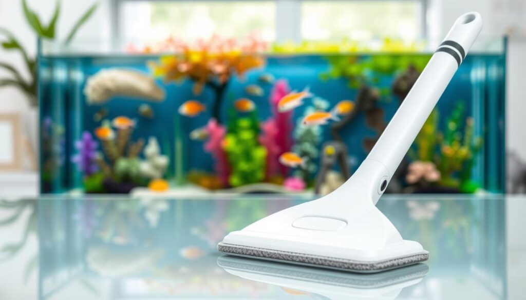 A sleek, modern magnetic aquarium glass cleaner positioned on a clean, reflective glass surface, highlighting its dual-sided design with strong magnets. In the foreground, showcase the cleaner's ergonomic handle and soft cleaning pads, emphasizing texture and functionality. In the middle ground, include a well-maintained aquarium with vibrant aquatic plants and colorful fish, providing a lively backdrop to the cleaner. The background should feature a softly blurred home environment, creating a serene atmosphere. Use soft, natural lighting to enhance the clarity of the glass and the cleaner, evoking a fresh and inviting mood. Capture the scene from a slightly elevated angle to showcase both the aquarium and the cleaning tool effectively.