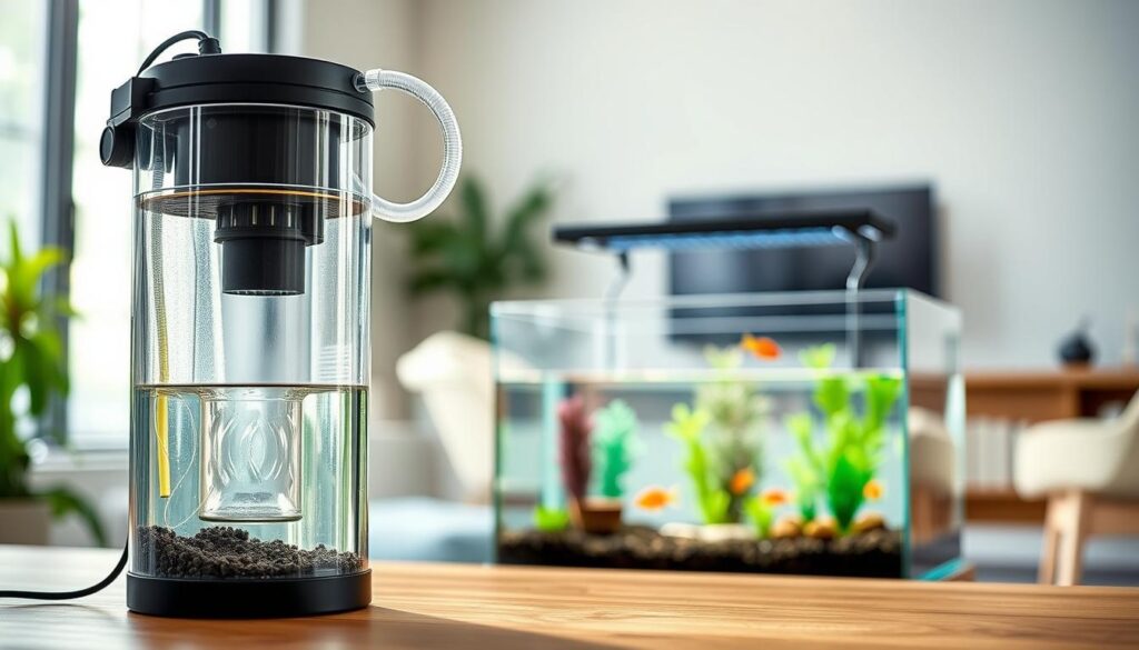 A small tank filtering system showcased prominently in the foreground, featuring a clear canister, filter media, and tubing for water intake and output. The filtration system should display intricate details like the mesh filter and pump mechanism, emphasizing its compact size suitable for tight spaces. The middle ground features a sleek aquarium partially filled with water, showcasing aquatic plants and small fish for context. In the background, a softly blurred modern living space highlights the practicality of the filtering system, with natural light streaming from a window, creating a bright and inviting atmosphere. The shot should be taken from a slight angle to capture the dimensions of the tank and filtration system effectively, with a focus on clarity and demonstration of the filtration technology.