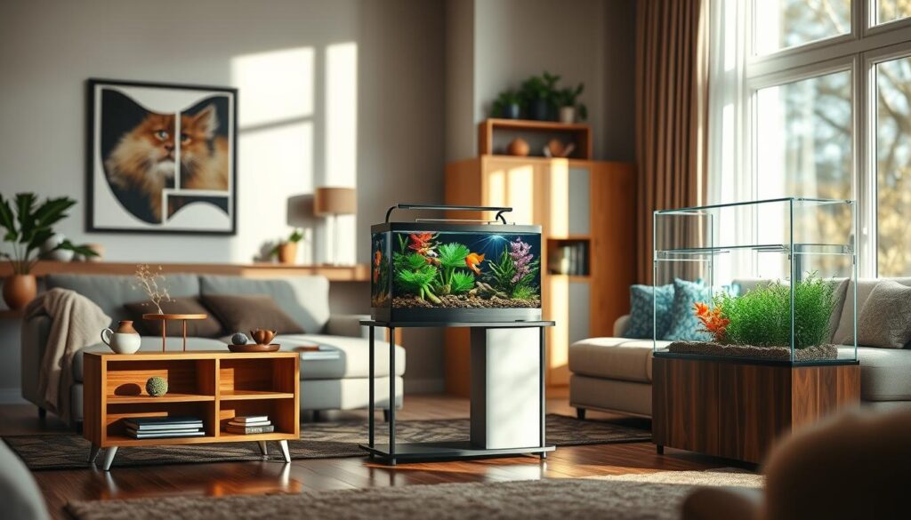 A stylish living room scene featuring various creative nano tank stand ideas. In the foreground, showcase a variety of designs including a sleek wooden stand with built-in shelves, a modern metal frame stand, and a glass showcase stand. In the middle, a beautifully set up nano tank sits on each stand, filled with vibrant aquatic plants and colorful fish, reflecting a sense of serenity and life. The background consists of a tastefully decorated home environment with soft, natural lighting filtering through a large window, casting gentle shadows and creating a warm atmosphere. Use a shallow depth of field to keep the focus on the stands and nano tanks while maintaining a cozy, inviting vibe overall.