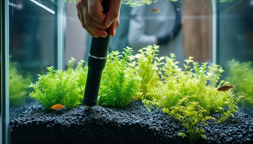 A technician in a modest casual outfit demonstrating gravel vacuuming techniques in an aquarium setting. In the foreground, a soft-focus hand holds a gravel vacuum, poised just above the substrate, showing details of the vacuum's nozzle and the gravel being siphoned. In the middle ground, the aquarium is filled with lush, delicate nano plants thriving among the gravel, with some small fish swimming peacefully. The background features subtle lighting that enhances the vibrant colors of the plants and creates a serene underwater atmosphere. Use a wide-angle lens to capture the entire scene, emphasizing the harmonious relationship between the cleaning technique and the aquatic environment. The mood is calm and educational, ideal for illustrating advanced cleaning methods without disturbing aquatic life.