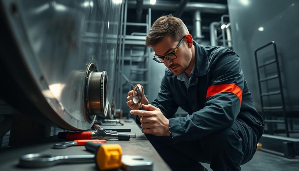 A technician in professional attire, examining a tank seal for signs of wear during a leak inspection. In the foreground, the technician is crouched beside a large, industrial storage tank, holding a flashlight and using a magnifying glass to inspect the seal closely. In the middle ground, tools like a wrench and safety equipment are neatly arranged on a workbench. The background features a dimly lit industrial setting with metal scaffolding and pipes, emphasizing the technical environment. Soft, focused lighting highlights the technician’s concentrated expression, creating a serious and meticulous mood, while shadows add depth to the scene. The angle is slightly above eye level, giving a comprehensive view of both the technician and the inspection area.