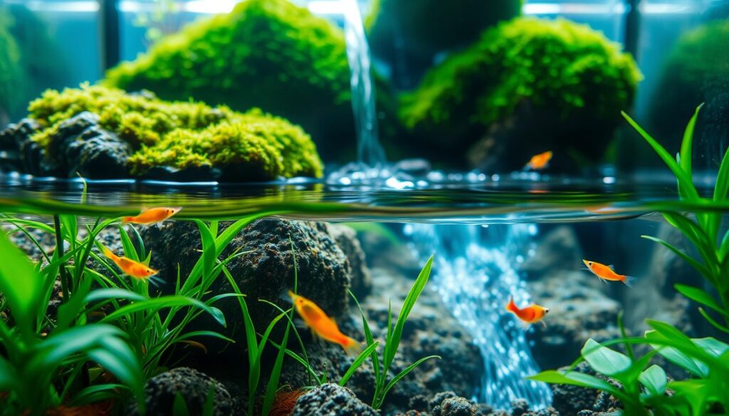 A tranquil aquarium scene illustrating "Maintaining Biological Flow." In the foreground, delicate nano inhabitants like small shrimp and vibrant neon tetras swim gracefully amidst swaying aquatic plants. The middle ground features a gentle water current created by a well-positioned filter, with ripples reflecting light. The background shows lush green moss covering rocks and the soft illumination of a natural sunlight beam penetrating the water’s surface, creating a serene atmosphere. A macro lens effect highlights the intricate details of the nano fauna and flora, emphasizing the balance between movement and calm in the habitat. The overall mood is peaceful and vibrant, showcasing a healthy aquatic ecosystem.