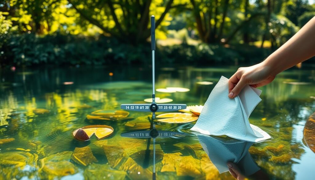 A tranquil outdoor scene featuring a crystal-clear pond surrounded by lush greenery. In the foreground, a pair of hands holding a paper towel, dabbing gently at the water's surface to illustrate maintenance. In the middle, a sleek skimmer tool poised at the edge of the pond, ready to capture floating debris. The background showcases gentle sunlight filtering through tree leaves, casting dappled shadows on the water. A few water lilies float serenely, enhancing the peaceful atmosphere. The focus is sharp on the hands and the skimmer, emphasizing the concept of regular water maintenance. Soft, natural lighting creates an inviting, calm mood, ideal for highlighting the importance of keeping the water surface clear.