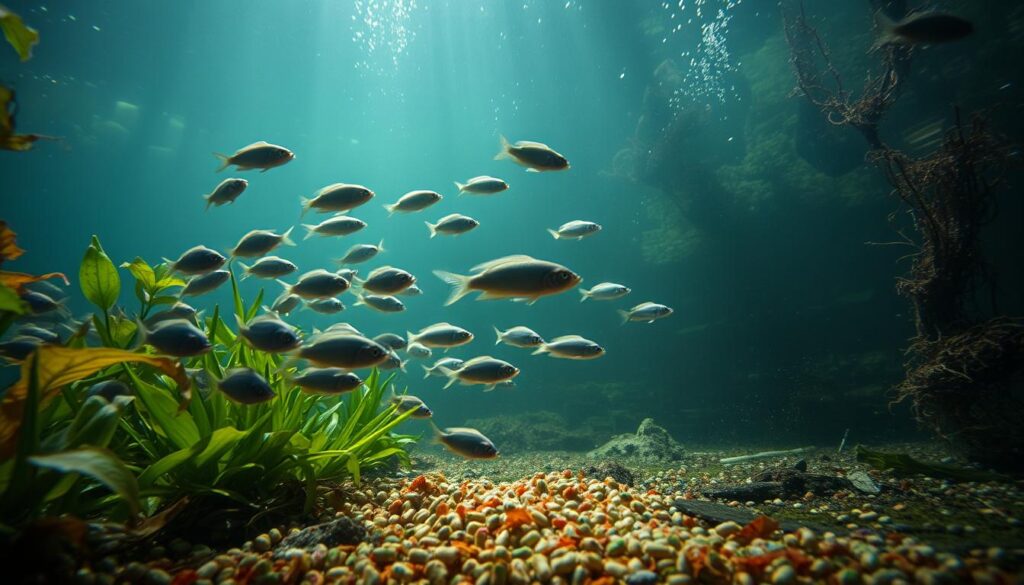 A tranquil underwater scene depicting the consequences of overfeeding in aquatic environments. In the foreground, a school of small fish swims among vibrant aquatic plants, showing signs of distress, with a few fish close to the surface gasping for air. In the middle ground, uneaten fish food accumulates on the substrate, surrounded by murky water filled with debris and algae blooms, illustrating declining water quality. The background features a dimly lit underwater habitat, with sunlight barely penetrating, creating a somber atmosphere of pollution and imbalance. Use a shallow depth of field to focus on the fish and food, captured in a slightly tilted angle to enhance the emotional impact of the scene. The colors should be muted with deep blues and greens, evoking a sense of concern for the aquatic life.